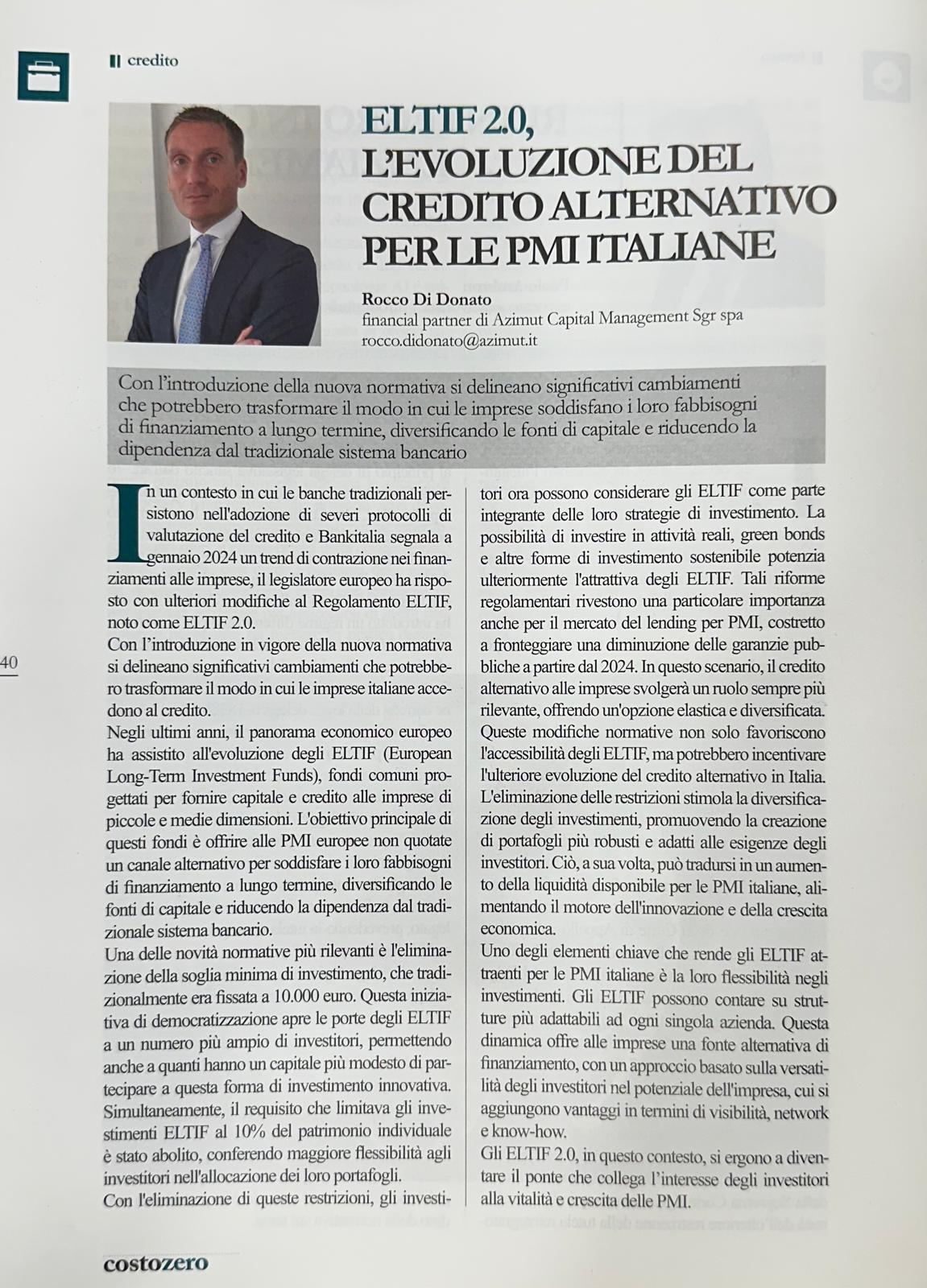 Articolo ELTIF 2.0 e l'evoluzione del credito alternativo per le PMI italiane - Rocco Di Donato su Costo Zero